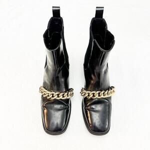 Jeffrey Campbell Emrys Chelsea Boot Black Leather Patent Gold Chains Size 6